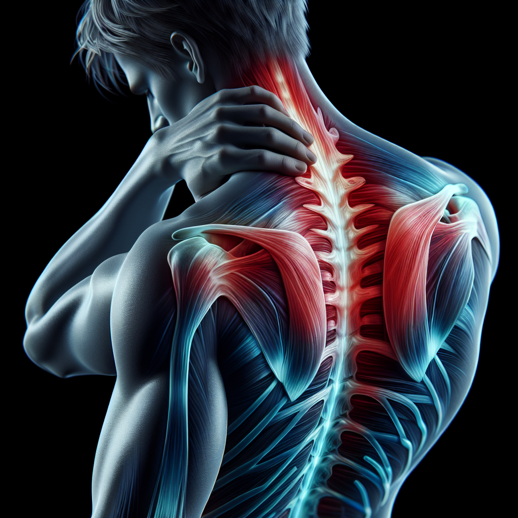 Eine Person, wo die Wirbelsäule und Muskelstänge zusehen sind. Es sind Verspannung im Nachbereich rot eingefärbt.