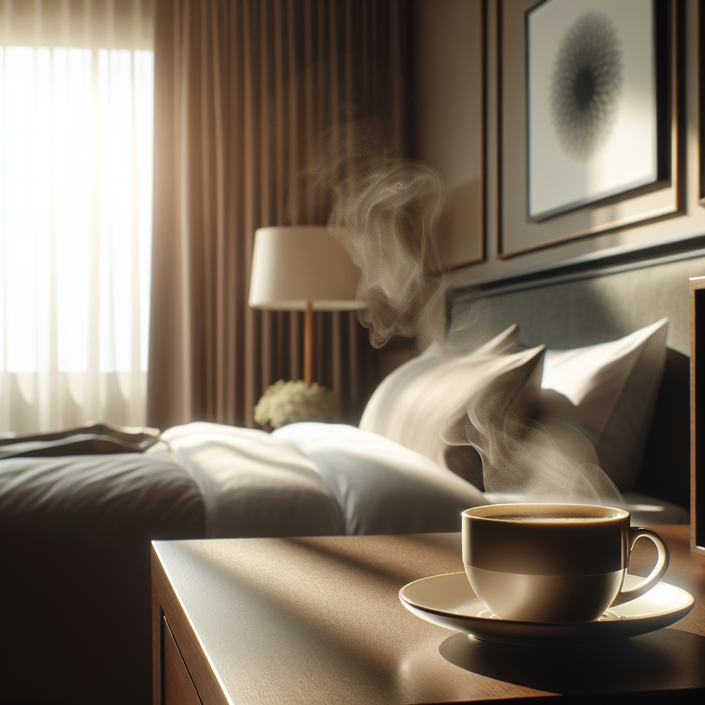 Eine Kaffeetasse steht auf dem Nachttisch. im Hintergrund ein gemachtes Bett.