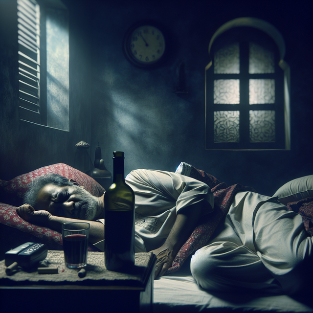 Ein Glas und eine Flasche mit Alkohol steht auf dem Nachtschrank. Ein Mann liegt mit verzehrtem Gesicht im Bett. 