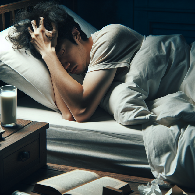 Mann im Bett der sich den Kopf hält und nicht schlafen kann